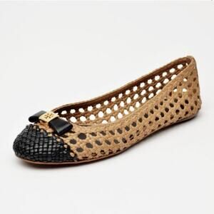 Tory Burch 6 Carlyle Woven Leather Ballerinas Ballet Flats Black Tan Logo Bow